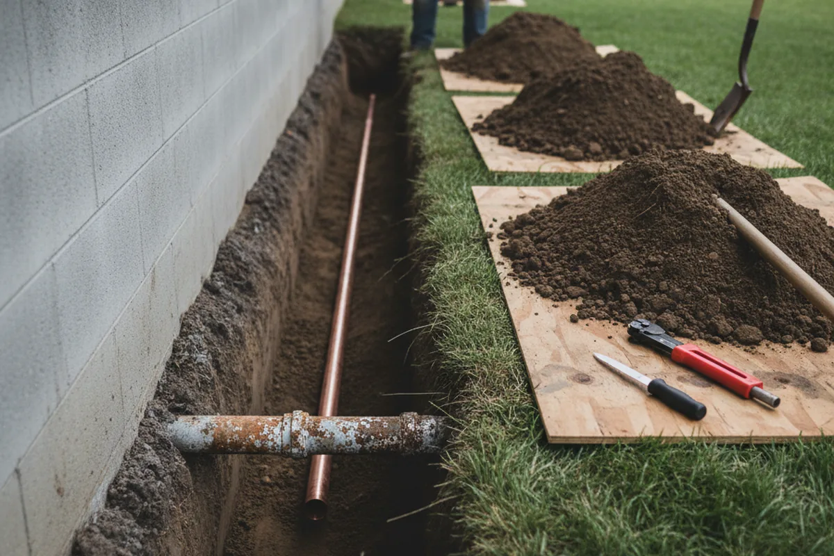 Excavated water line trench during Water Heater Repair in Commerce